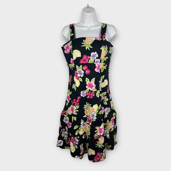 Karin Stevens Black Fruit Floral Hawaiian Sun Dress XS VTG 90s Summer Vacation - Picture 1 of 6